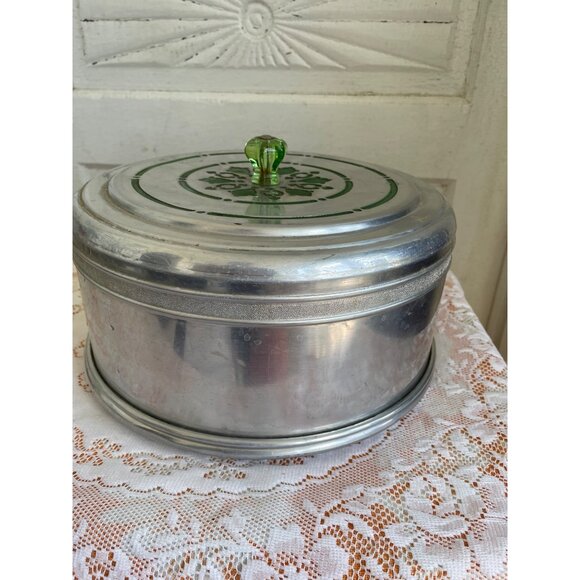 Vintage 1950s Mirro Spun Aluminum Cake Carrier Uranium Glass Knob - Picture 6 of 16